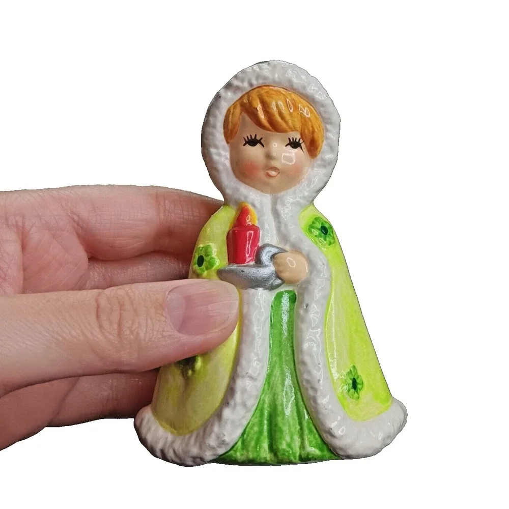 Vintage MCM Christmas Girl Figurine Korea Ceramic Green Candle‎ Holiday Decor